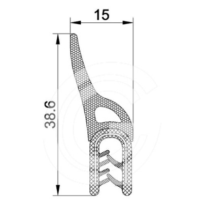 Klemprofiel | PVC | mosrubber dichting | zwart | 38,6 x 15 mm | rol 50 meter